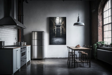 Modern minimalistic industrial style kitchen, bright and contrasts. Generative AIの素材
