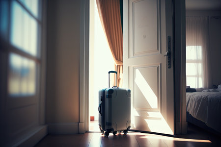 Hand luggage in a empty hotel room, just arrived. Generative AIの素材