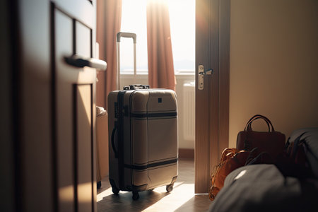 Hand luggage in a empty hotel room, just arrived. Generative AIの素材