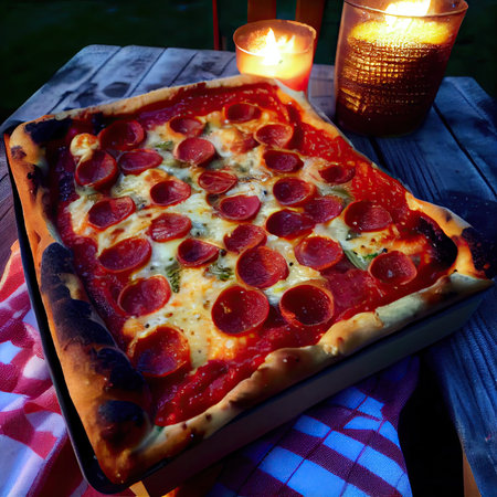 Square shaped freshly baked pizzaの素材