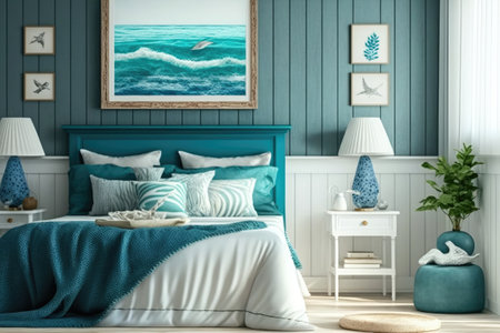 Coastal styled bedroom interior, sea decor and furniture, blue color, ocean style, generative aiの素材