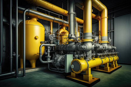 Industrial pump and boiler room in a power plant, yellow colored pumps, valves and pipes. Generative AIの素材