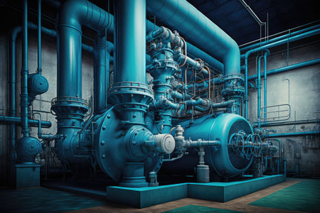 Industrial pump and boiler room in a power plant, blue colored pumps, valves and pipes. Generative AIの素材
