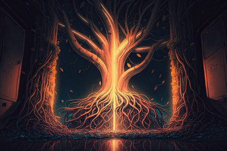 Neon glow of deep tree roots. Illustration. Generative AIの素材
