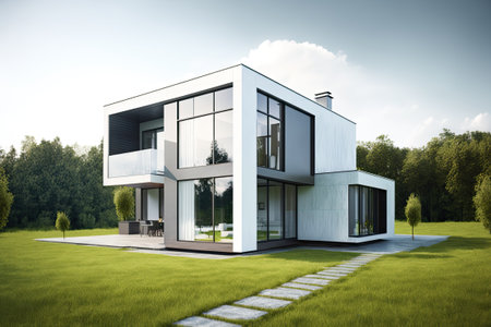 Ultra modern house, luxurious. Front porch with green lawn and trees. Generative AIの素材