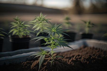 Small young cannabis plant on a farm plantation closeup. Generative AIの素材