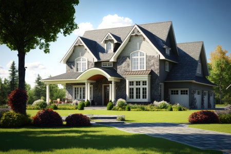 Neatly maintained house with green lawn, shot on sunny day. Generative AIの素材