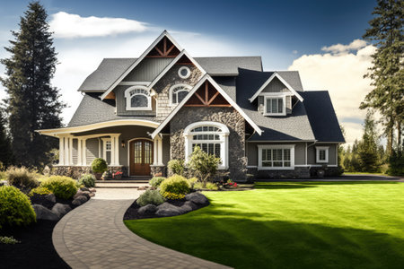 Neatly maintained house with green lawn, shot on sunny day. Generative AIの素材