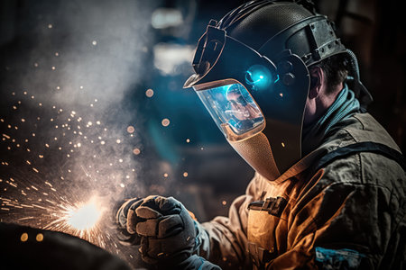 Welder welding metal,lots of sparks, wearing protective welding gear. Generative AIの素材