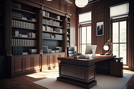 Large office with wooden bookshelf covered walls, and large wooden desk. Generative AIの素材