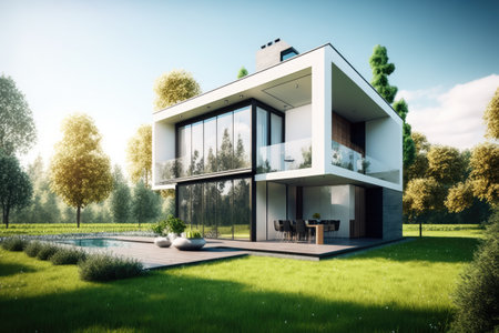 Ultra modern house, luxurious. Front porch with green lawn and trees. Generative AIの素材