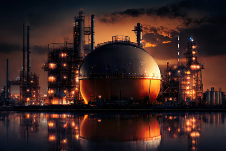 Nighttime photo of oil and gas refinery plant. Generative AIの素材