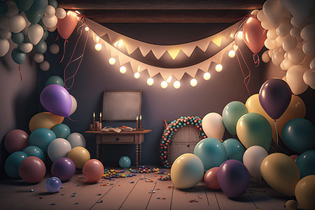 Party background with balloons. Birthday theme. Generative AIの素材