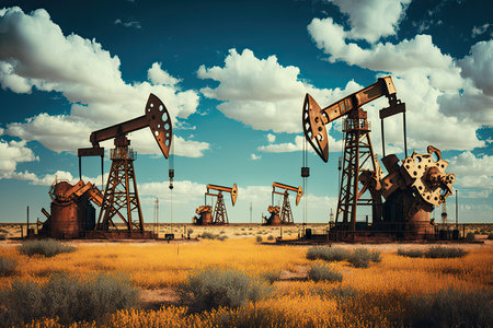 Group of oil pumps in the field. Rural scene. Oil and gas production.Generative AIの素材