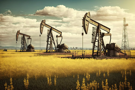 Group of oil pumps in the field. Rural scene. Oil and gas production.Generative AIの素材