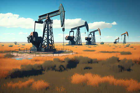 Group of oil pumps in the field. Rural scene. Oil and gas production.Generative AIの素材