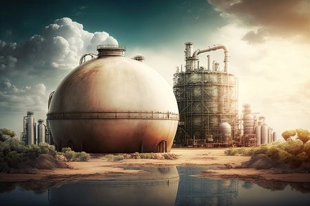 Photo of oil and gas chemical tank with oil refinery plant backgroundの素材