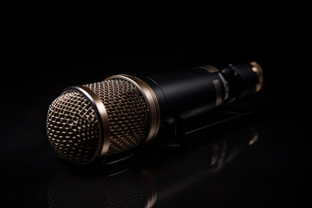 Studio audio microphone, with black background. High quality generative AIの素材