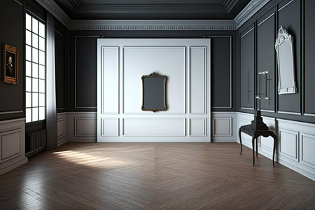 A grand, empty room with a parquet floor with dark stucco panels, molding, and frames. Large, open studio with furnishings and advertising product mock-ups, generative aiの素材