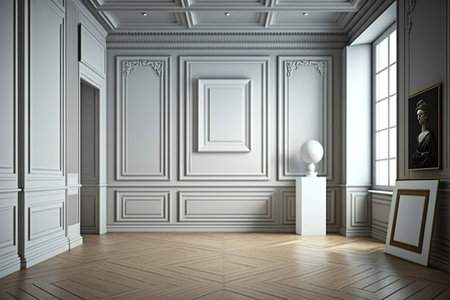 A grand, empty room with a parquet floor with stucco panels, molding, and frames. Large, open studio with furnishings and advertising product mock-ups, generative aiの素材