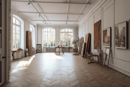A grand, empty room with a parquet floor with stucco panels, molding, and frames. Large, open studio with furnishings and advertising product mock-ups, generative aiの素材