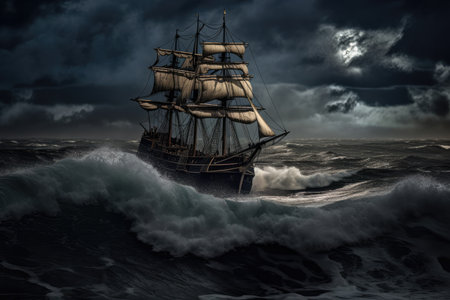Old sail ship braving the waves of a wild stormy sea at night. Generative AI.の素材