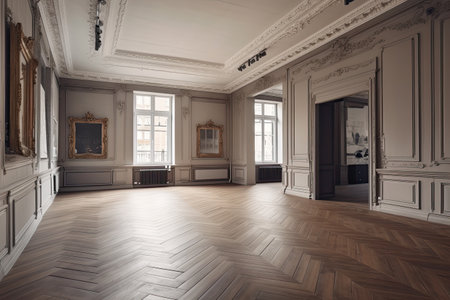 A grand, empty room with a parquet floor with stucco panels, molding, and frames. Large, open studio with furnishings and advertising product mock-ups, generative aiの素材