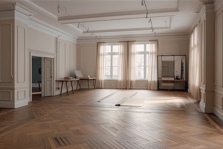 A grand, empty room with a parquet floor with stucco panels, molding, and frames. Large, open studio with furnishings and advertising product mock-ups, generative aiの素材
