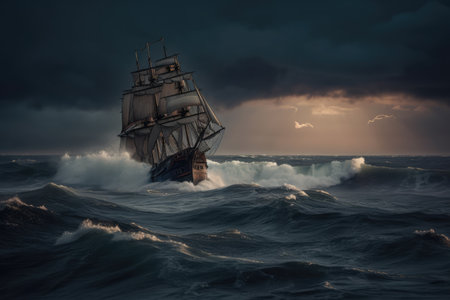 Old sail ship braving the waves of a wild stormy sea at night. Generative AI.の素材