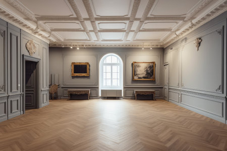 A grand, empty room with a parquet floor with stucco panels, molding, and frames. Large, open studio with furnishings and advertising product mock-ups, generative aiの素材
