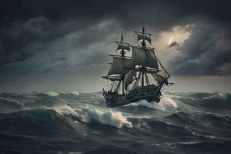 Old sail ship braving the waves of a wild stormy sea at night. Generative AI.の素材