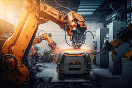 Mechanized welding industry robot arm for assembly in factory production line. Vehicle manufacturing. Robotized automated manufacturing process, generative aiの素材