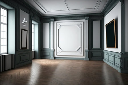 A grand, empty room with a parquet floor with stucco panels, molding, and frames. Large, open studio with furnishings and advertising product mock-ups, generative aiの素材