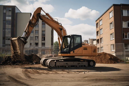 Excavator on building site, high quality generative AIの素材
