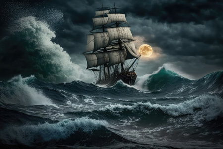 Old sail ship braving the waves of a wild stormy sea at night with full moon. Generative AI.の素材