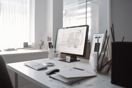 Architect office project concept. Computer screen on white work desk showing house blueprints in CAD program. Generative AIの素材