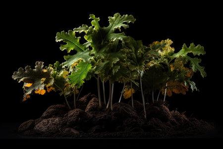 Oak tree planted in the soil substrate. Seedlings or plants illuminated by the side light. Highly lighted oak leaves with dark background. High quality generative aiの素材