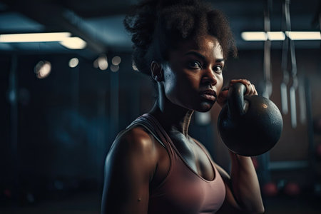 Photo of a strong determined African American black woman training and exercising in a gym alone with kettle bells. High quality generative AIの素材