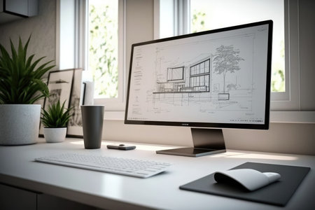 Architect office project concept. Computer screen on white work desk showing house blueprints in CAD program. Generative AIの素材