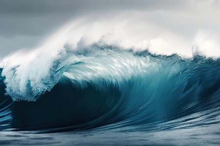Sea waves rolling up in ocean, fresh and spray, white background with copyspace, generative aiの素材