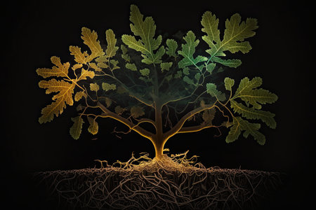 Oak planted in the soil substrate, view of the plant and roots. Illustration, generative aiの素材