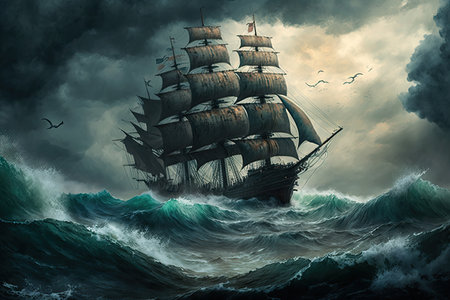 Old sail ship braving the waves of a wild stormy sea at night. Generative AI.の素材