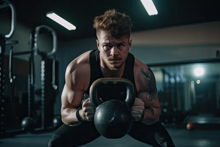 Photo of a strong determined fit man training and exercising in a gym alone with kettle bells. High quality generative AIの素材