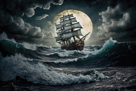 Old sail ship braving the waves of a wild stormy sea at night with full moon. Generative AI.の素材