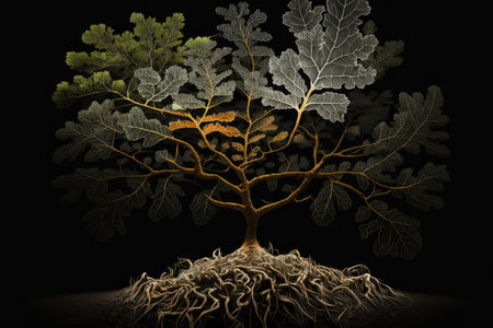 Oak planted in the soil substrate, view of the plant and roots. Illustration, generative aiの素材