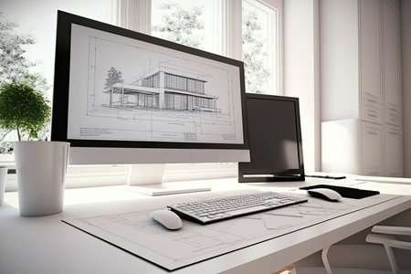 Architect office project concept. Computer screen on white work desk showing house blueprints in CAD program. Generative AIの素材