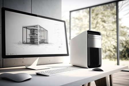 Architect office project concept. Computer screen on white work desk showing house blueprints in CAD program. Generative AIの素材