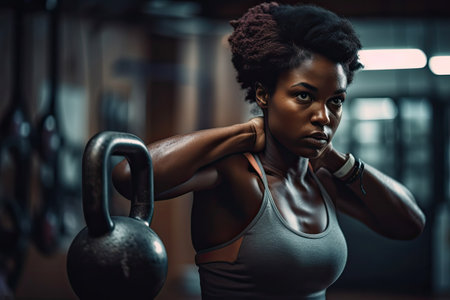 Photo of a strong determined African American black woman training and exercising in a gym alone with kettle bells. High quality generative AIの素材