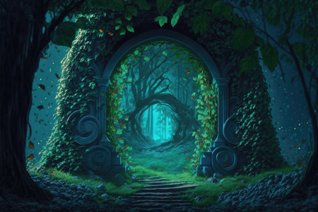 Archway in green forest that leads to another dimension. Generative AIの素材