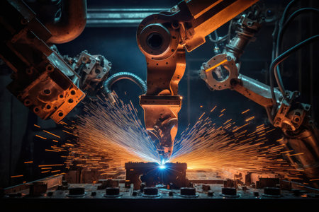 Mechanized welding industry robot arm for assembly in factory production line. Vehicle manufacturing. Robotized automated manufacturing process, generative aiの素材